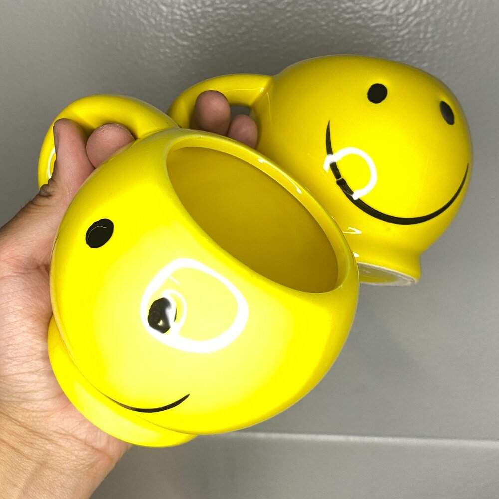 (Set of 2) Smiley Face Emoji Happy Coffee Cup Yellow Ceramic Mug 3 1/2" Happy